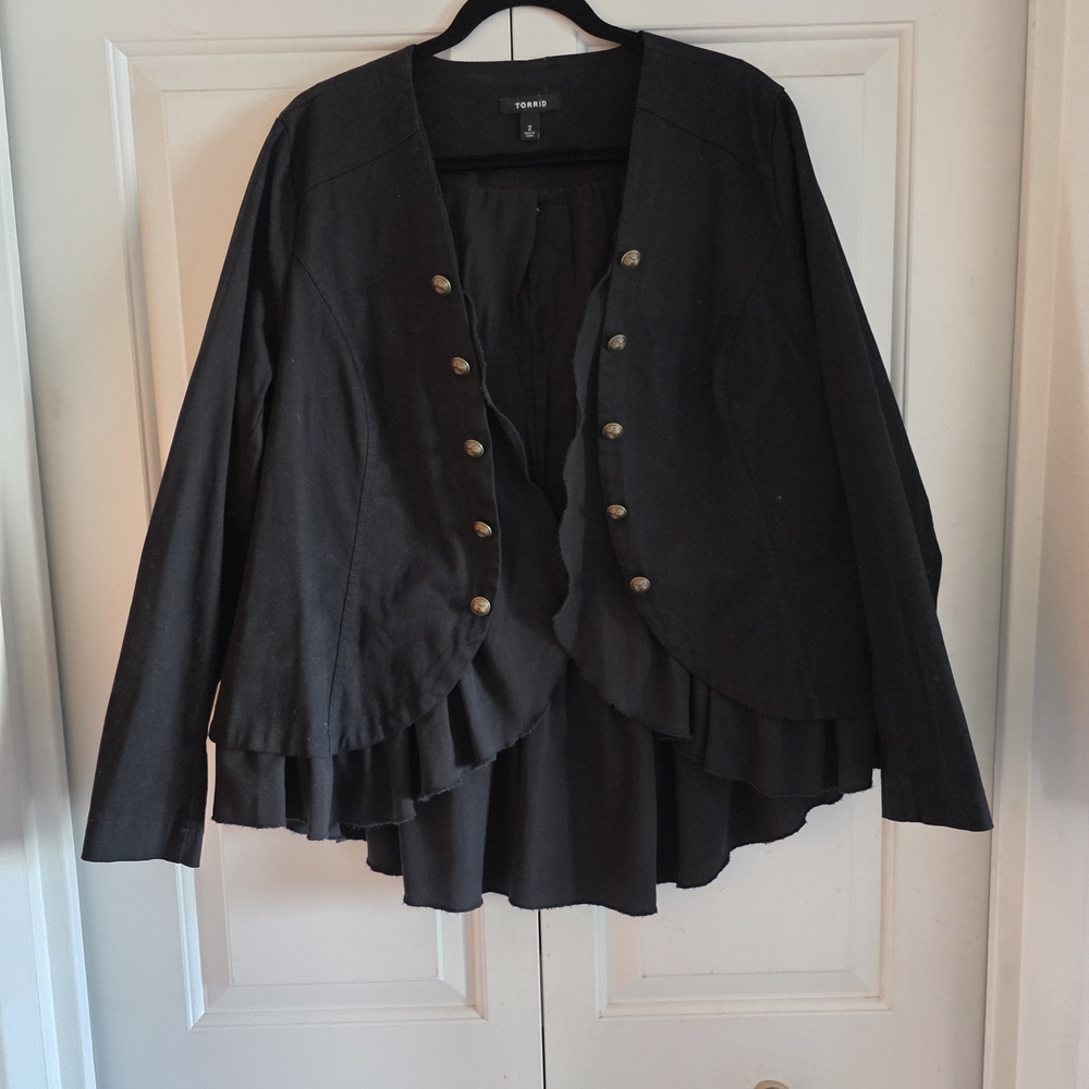torrid Black Ruffled Open-Front Blazer with Gold Buttons